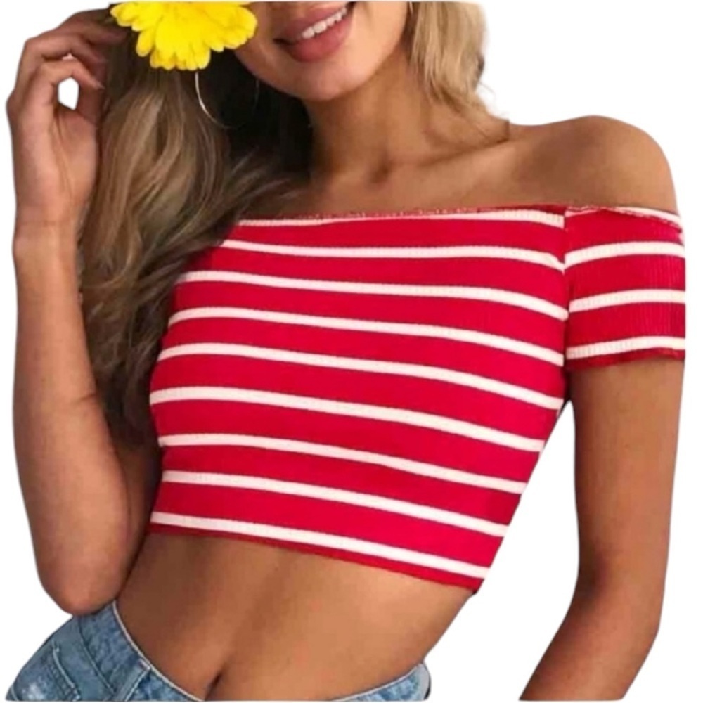 Off shoulder striped crop top